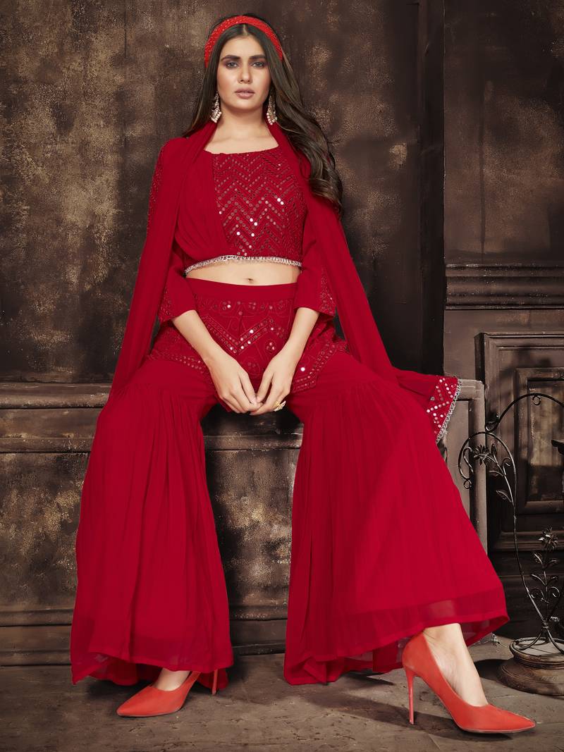Romentic Red Sequins Embroidered With Mirror Work Georgette Dress