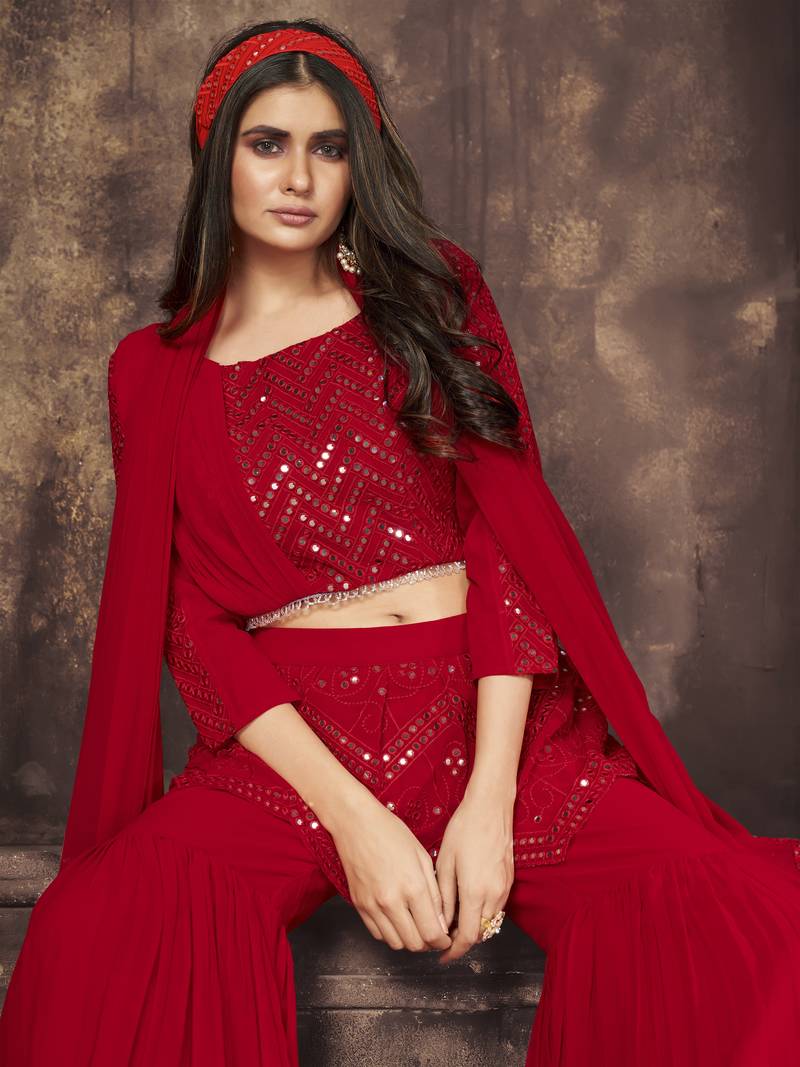 Romentic Red Sequins Embroidered With Mirror Work Georgette Dress