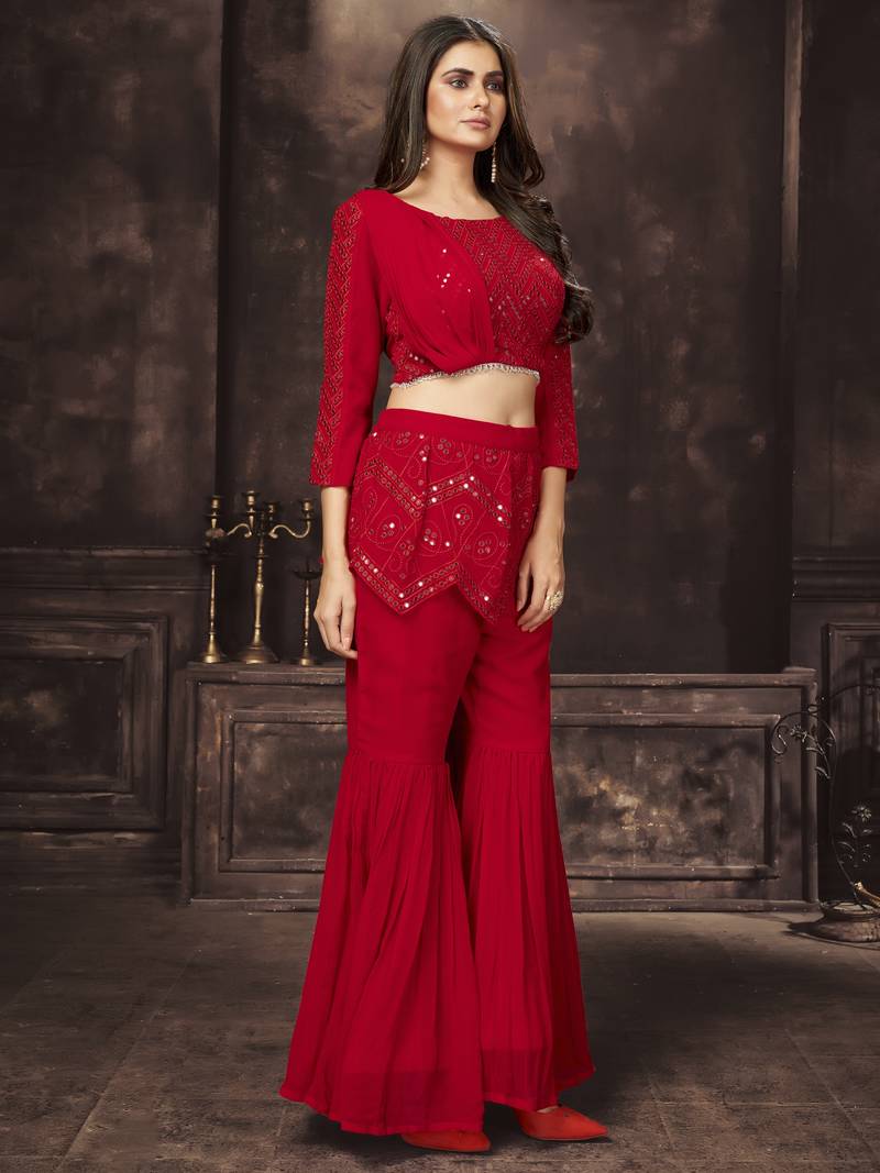Romentic Red Sequins Embroidered With Mirror Work Georgette Dress