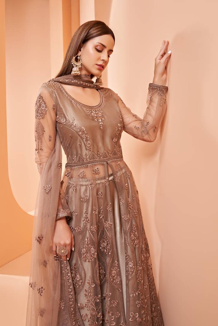Brown embroidered net salwar