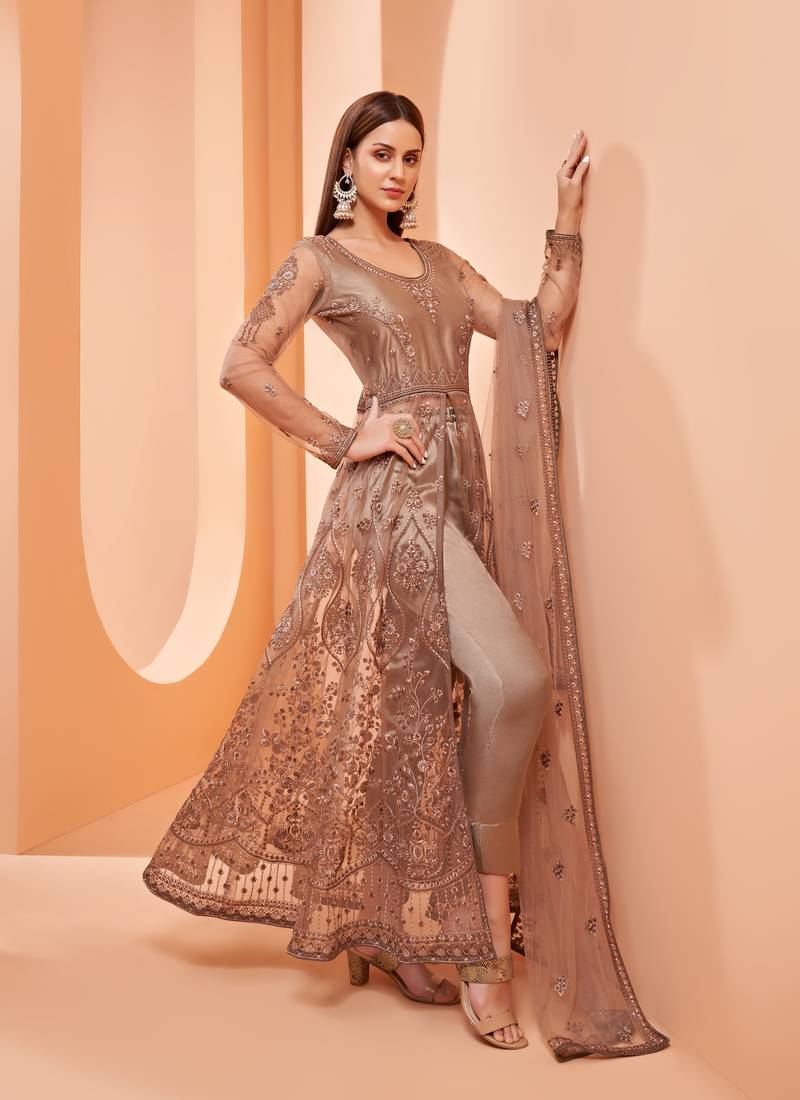 Brown embroidered net salwar
