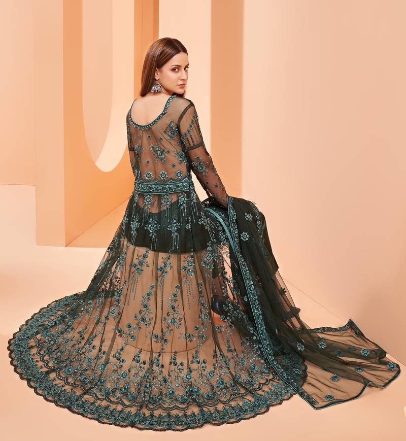 Dark-green embroidered net salwar
