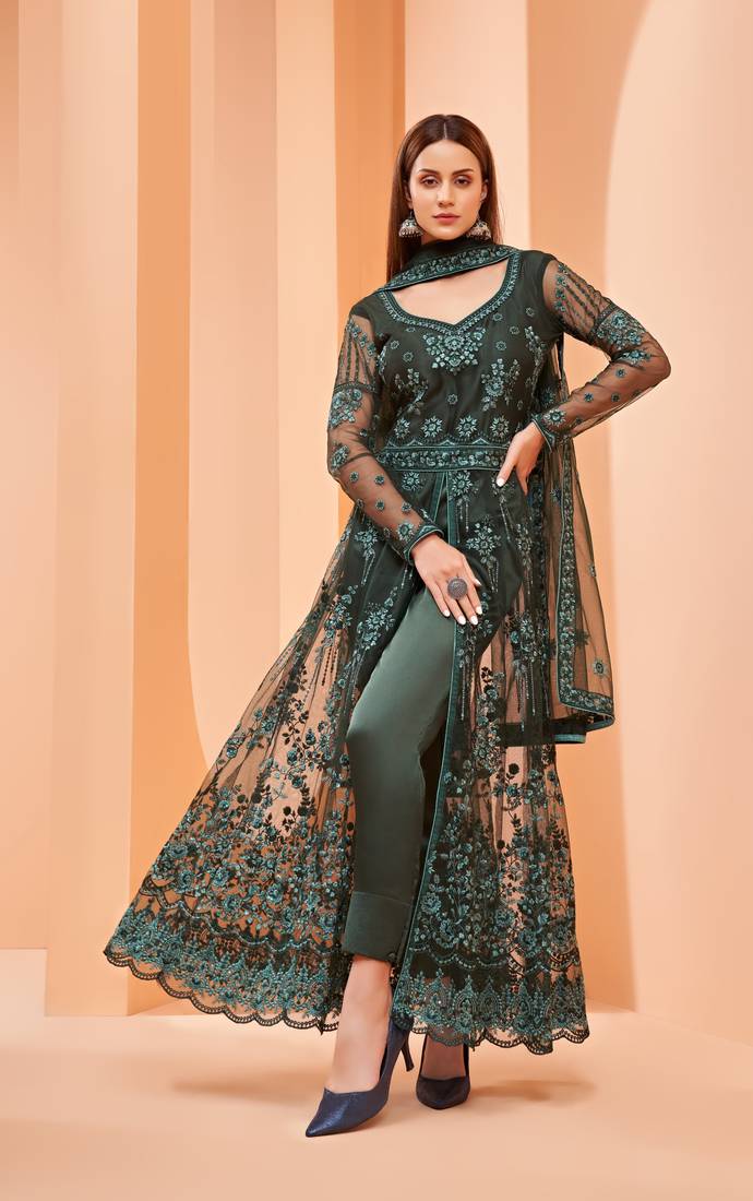 Dark-green embroidered net salwar
