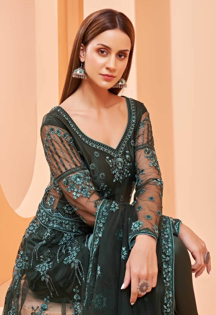 Dark-green embroidered net salwar