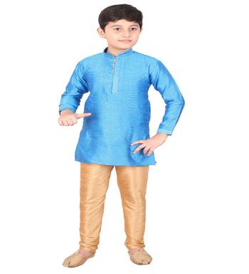 Firozi Self Design Silk Boys Kurta Pajama Set 1