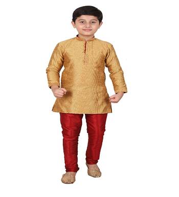 Mustard Self Design Silk Boys Kurta Pajama Set 1