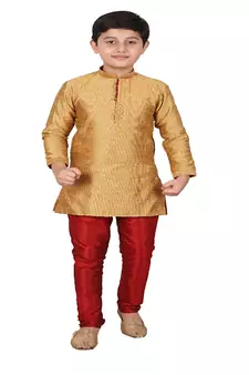 Mustard Self Design Silk Boys Kurta Pajama Set