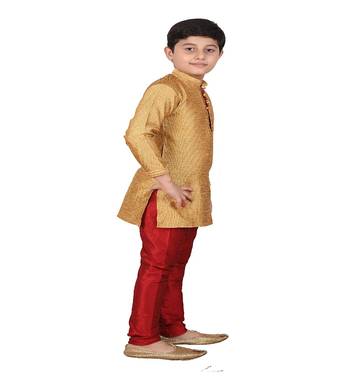 Mustard Self Design Silk Boys Kurta Pajama Set 2