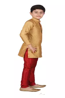 Mustard Self Design Silk Boys Kurta Pajama Set