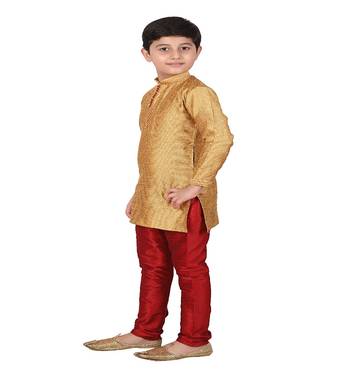Mustard Self Design Silk Boys Kurta Pajama Set 3
