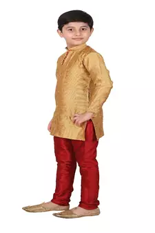 Mustard Self Design Silk Boys Kurta Pajama Set