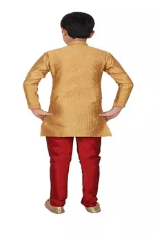 Mustard Self Design Silk Boys Kurta Pajama Set