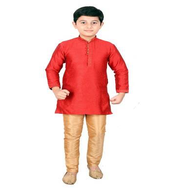 Red Self Design Silk Boys Kurta Pajama Set 1