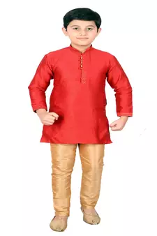 Red Self Design Silk Boys Kurta Pajama Set
