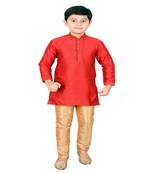 Red Self Design Silk Boys Kurta Pajama Set