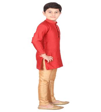 Red Self Design Silk Boys Kurta Pajama Set 2