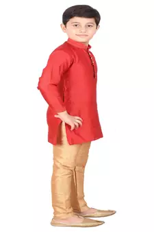 Red Self Design Silk Boys Kurta Pajama Set