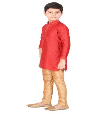 Red Self Design Silk Boys Kurta Pajama Set 3