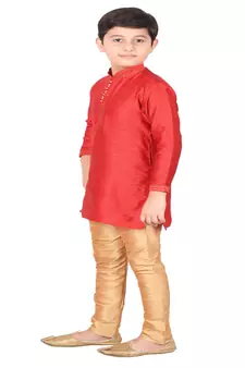 Red Self Design Silk Boys Kurta Pajama Set