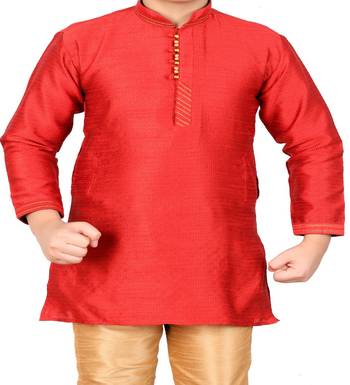 Red Self Design Silk Boys Kurta Pajama Set 4