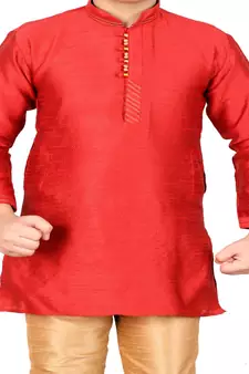 Red Self Design Silk Boys Kurta Pajama Set