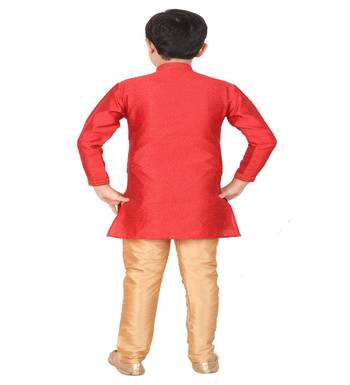 Red Self Design Silk Boys Kurta Pajama Set 5