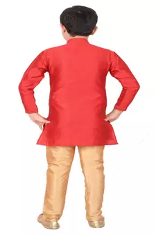 Red Self Design Silk Boys Kurta Pajama Set