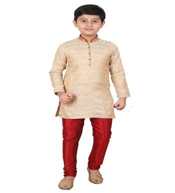 Gold Printed Silk Boys Kurta Pajama Set 1