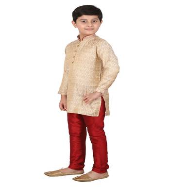 Gold Printed Silk Boys Kurta Pajama Set 3