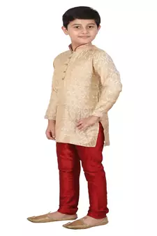 Gold Printed Silk Boys Kurta Pajama Set