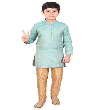 Sky Blue Printed Silk Boys Kurta Pajama Set 1