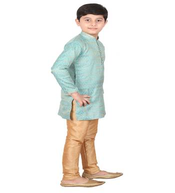 Sky Blue Printed Silk Boys Kurta Pajama Set 2