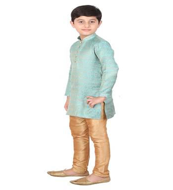 Sky Blue Printed Silk Boys Kurta Pajama Set 3