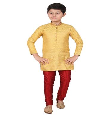 Yellow Printed Silk Boys Kurta Pajama Set 1