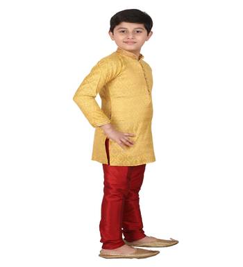 Yellow Printed Silk Boys Kurta Pajama Set 2