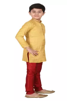 Yellow Printed Silk Boys Kurta Pajama Set