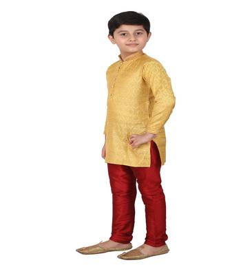 Yellow Printed Silk Boys Kurta Pajama Set 3