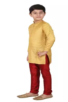 Yellow Printed Silk Boys Kurta Pajama Set