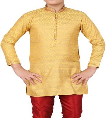 Yellow Printed Silk Boys Kurta Pajama Set 4