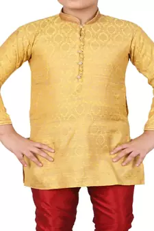 Yellow Printed Silk Boys Kurta Pajama Set