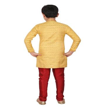 Yellow Printed Silk Boys Kurta Pajama Set 5
