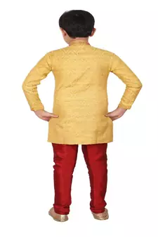 Yellow Printed Silk Boys Kurta Pajama Set