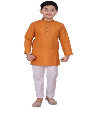 Mustard Embroidered Design Cotton Boys Kurta Pajama Set 3