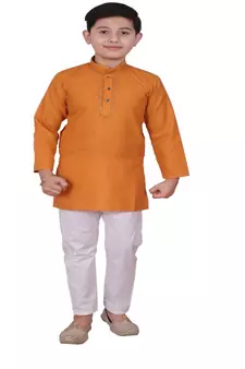 Mustard Embroidered Design Cotton Boys Kurta Pajama Set