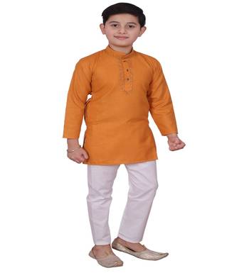 Mustard Embroidered Design Cotton Boys Kurta Pajama Set 4