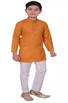 Mustard Embroidered Design Cotton Boys Kurta Pajama Set