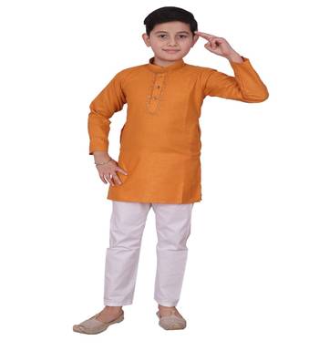 Mustard Embroidered Design Cotton Boys Kurta Pajama Set 1
