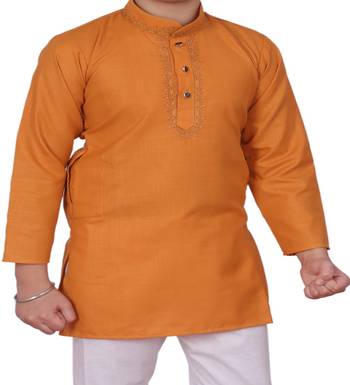 Mustard Embroidered Design Cotton Boys Kurta Pajama Set 5