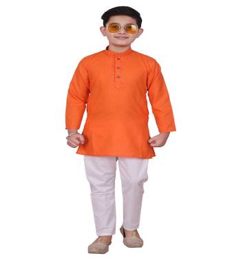 Orange Embroidered Design Cotton Boys Kurta Pajama Set 1