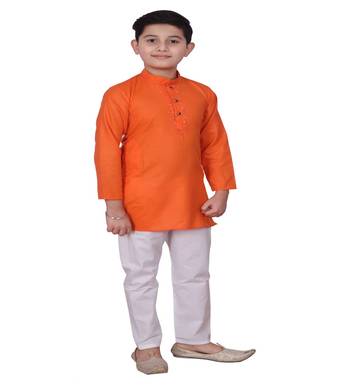 Orange Embroidered Design Cotton Boys Kurta Pajama Set 2